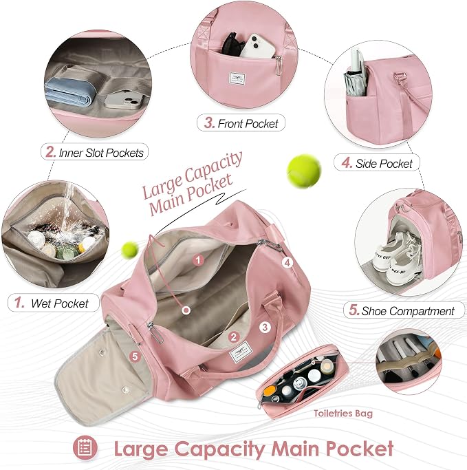 FIORETTO Womens Gym Tote Duffle Bag with Toiletry Bag, Sports Duffel Overnight Hospital Workout Carry on for Girls with Wet Pocket & Shoe Compartment, Ideal for Travel, Swimming, Dance Pink