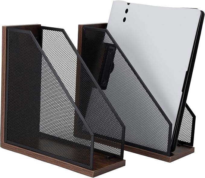 Antique Wooden Magazine Holder,Mesh File Holder for Desk, Office Desk Accessories Decorative File Box (2 Pack Black)