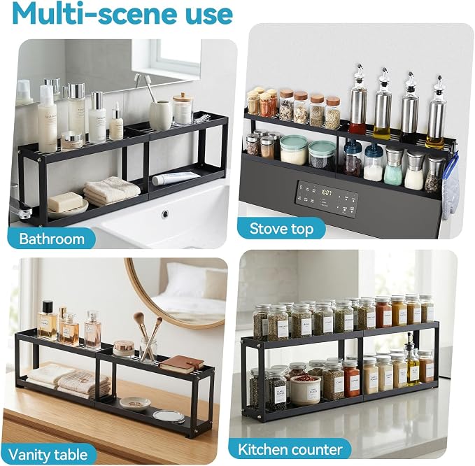 OTraki 2 Tier Strong Magnetic Oven Shelf 30 Inch Length Spice Rack Over The Stove Shelf with 2 Anti-Slip Mats Seasoning & 4 Hooks Kitchen Spice Storage Organizer Black | Over The Stove Shelf with 2 Anti-Slip Mats Seasoning & 4 Hooks Kitchen Spice Stora...