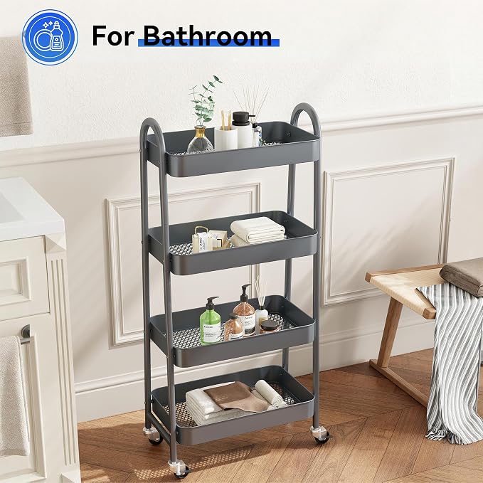NEWBULIG 4-Tier Metal Rolling Cart with Lockable Wheels, Heavy Duty Mobile Utility Storage Shelf, Roller Book Snack Cart, Organization for Livingroom, Bathroom, Office, Grey