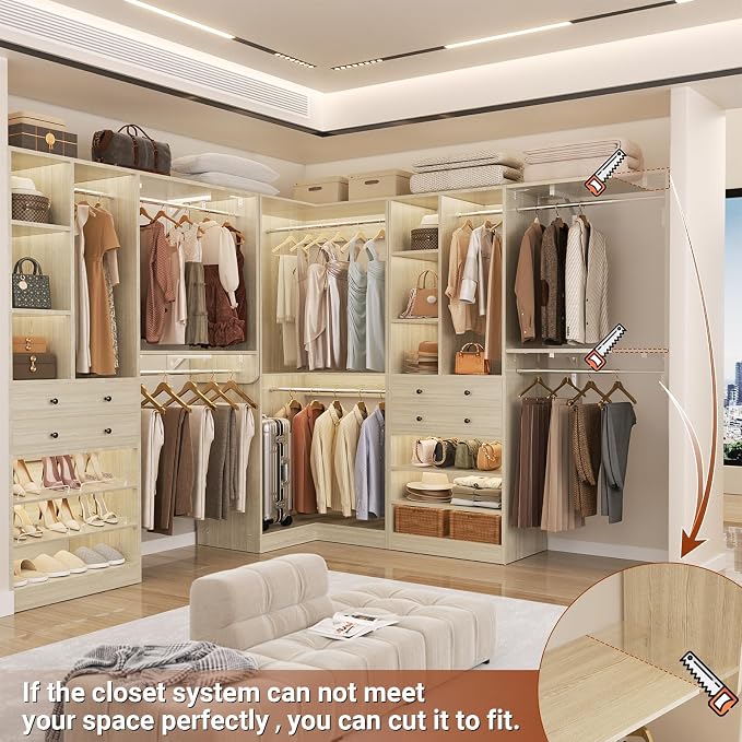 Large Closet System (Set of 3) with 4 Drawers, 8 Hanging Robs, 91.5"/151" Closet Organizer System with Corner Tower, Reversible Walk-in Closet System Corner Closet System, Greige Oak