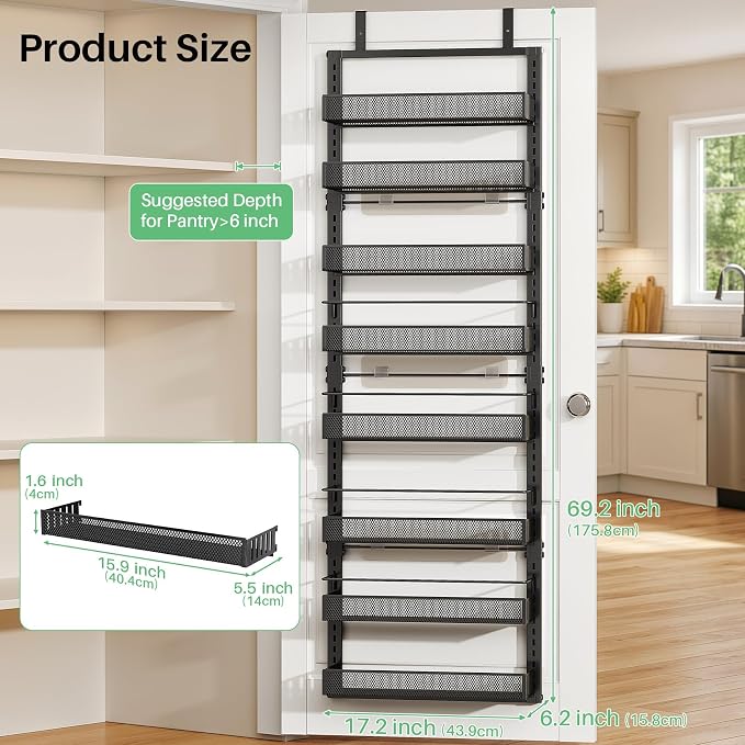 Over the Door Pantry Organizer - 8 Tiers Height Adjustable Pantry Organizers and Storage with Dense Mesh Baskets, Metal Door Hanging Spice Rack for Kitchen Bathroom (Black, 17.2" W x 6.2" D x 69.2" H)
