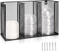 Wall Mount Coffee Cup Lid Holder Organizer 3 Compartments Coffee Cup Lid Dispenser Black Metal Mesh Disposable Cup and Lid Storage for 8-24 Oz Capacity Cup Lid Kitchen Restaurant Coffee Bar Office