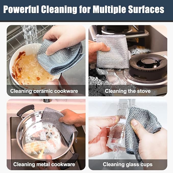 KOOCE Non Scratch Dish Wash Cloth for Kitchen Reusable Non Scratch Wire Dish Cloth Multipurpose Wire Dishwashing Rags for Wet and Dry Cleaning Scrubber Dish Cloth (12 Pcs [Double Layer])