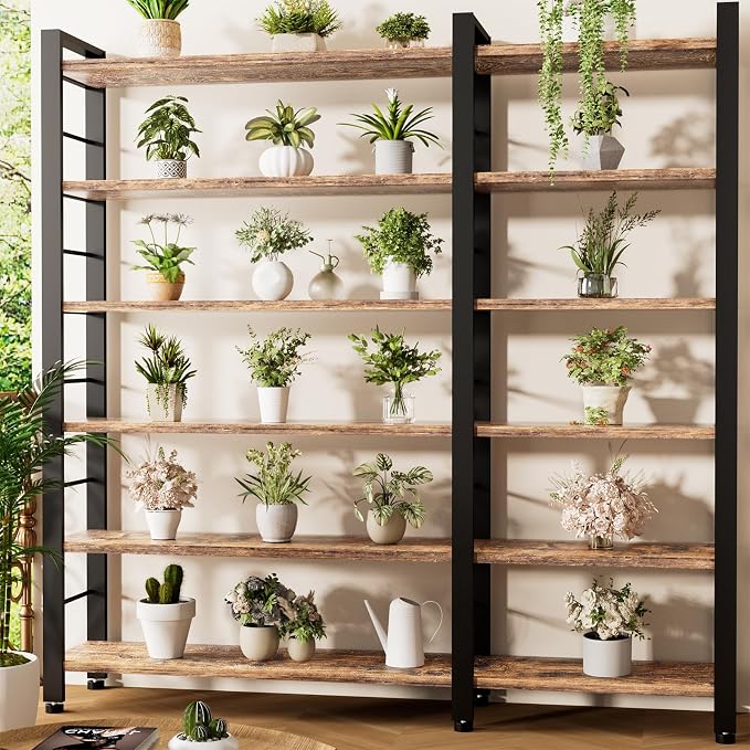 INNOD 69" X 50" Straight Wide 6 Tier Bookshelf with LED Light, L Shaped Bookcase with Adjustable Feet, Corner Book Case with 12 Open Shelves, Shelf Unit Display Shelf for Living Room, Home Office