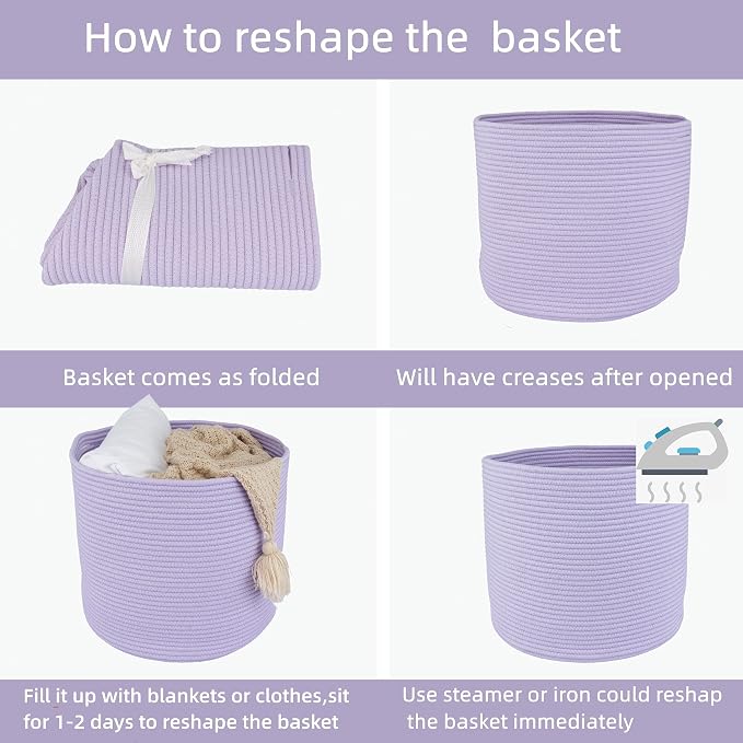 XUANGUO Cotton Rope Woven Basket, 16x14 in Kids Laundry Basket, purple | Round blanket basket and small laundry basket; baby hamper or nursery storage bin for girls, boys, toys, clothes and shoes