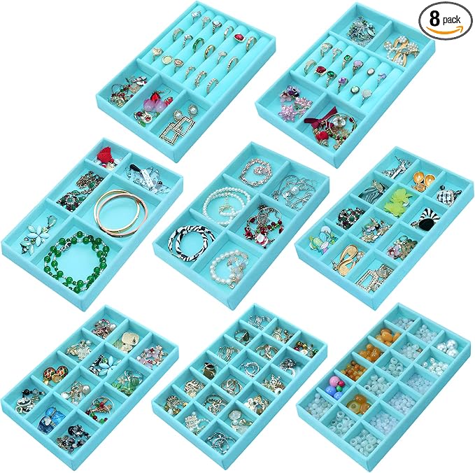 8 Pcs Velvet Jewelry Tray Stackable Jewelry Drawers Organizer Trays Rings Earrings Bracelet Organizer (8.2" x 5" x 1")