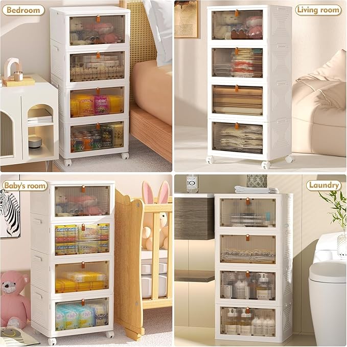YFXCVSL 4 Tier Plastic Storage Bins with Lid 23QT, Stackable Storage Containers with Wheels, Folding Storage Boxes, Stackable Storage Bins, Closet Organizers and Storage for Living Room,Office,Dorm