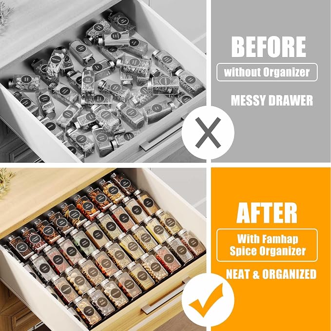 Famhap Spice Drawer Organizer Expandable 8 Tier for 11.6"-23.2" Wide Drawer | Durable Plastic, Slanted Seasoning Drawer Organizer, Use for Kitchen Spices Cosmetics