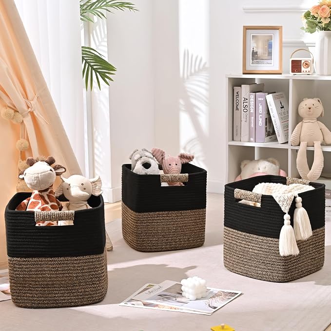 13 Inch Storage Cubes, 3 Pack Cube Storage Bins for Organizing, Cotton Rope Woven Baskets for Shelves, Bathroom, Kids Room, Closets, Baby Nursery
