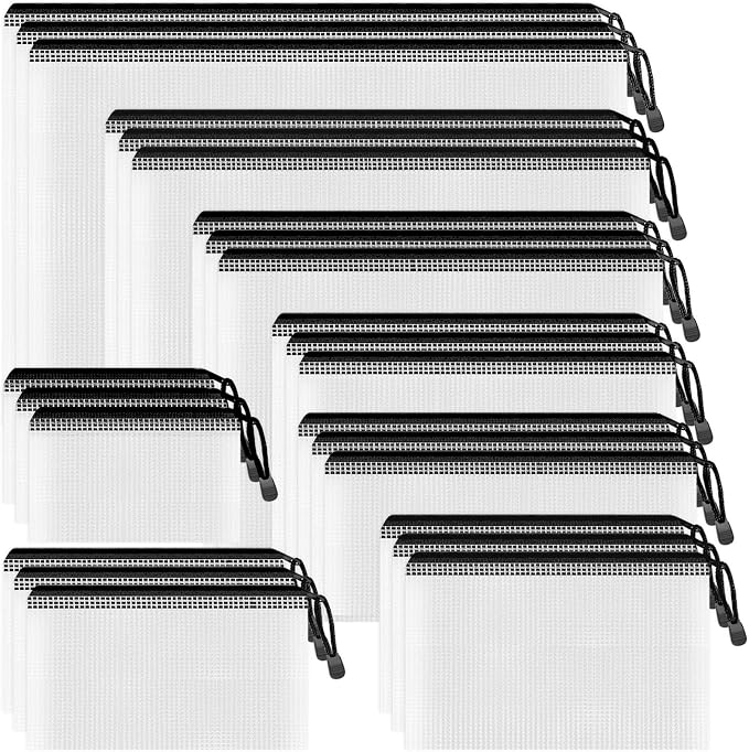 Smarpau 24 Pack 8 Sizes Black Mesh Zipper Pouches for Organizing, Multipurpose Waterproof Zipper Bags for Travel, Office, Home Storage