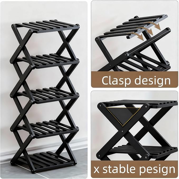 Vertical Black Shoe Rack Small, 4 Tier Portable Folding Shoe Storage Rack, Without Installation Free Standing Shoe Rack for Corridors, Bedrooms Living Room Corner and Small Spaces