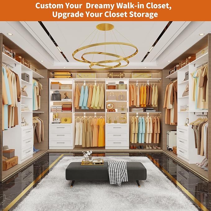 Closet System with Drawers, 4-8FT Closet Organizer System with Cuttable Shelves & 3 Expandable Hanging Rods, 96” Walk in Closet Organizer Storage System, Modular Closet Systems Adjustable, White