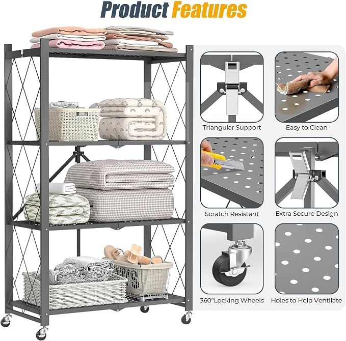 Fenbeli 4 Tier Folding Storage Shelf with Wheels, Heavy Duty Metal Shelving Unit No Assembly, Foldable Rolling Storage Rack 600 LBS Capacity, Locking Casters for Garage Kitchen Pantry(Gray, 4 Tier)