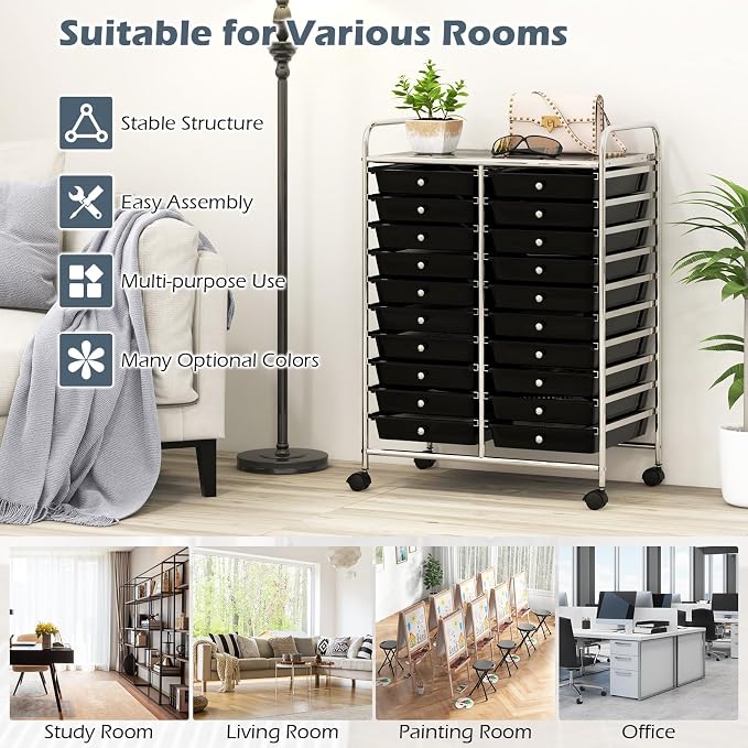 DREAMADE Rolling Cart With Storage Drawers, Utility Cart With Removable Plastic Drawers, Lockable Wheels for Classroom Organization, Art Supplies, Office, Scrapbook (20 Drawers, Black)