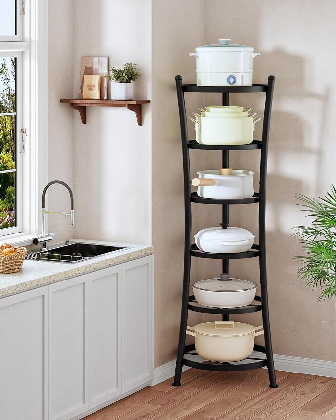 CHOEZON 6-Tier Freestanding Pot Rack, 100 Lbs Capacity Cookware Storage Stand, Sturdy Pan Holder Tower with anti-tip feet, Large Storage Rack with Metal Frame, for Kitchen Dining Room, Black TPR25BB