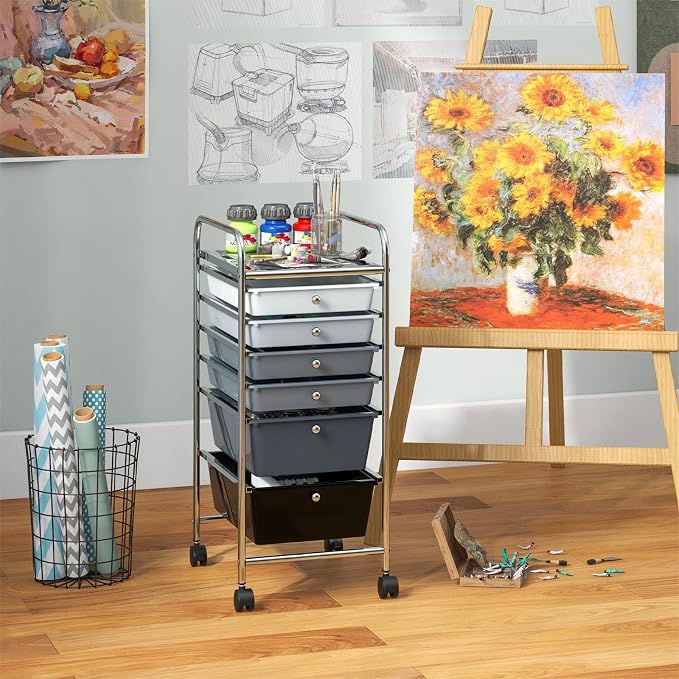 DREAMADE Rolling Cart with Storage Drawers, Utility Cart with Removable Plastic Drawers, Lockable Wheels, Art Cart for Classroom Organization Art Supplies Office Scrapbook (6 Drawers, Mixed-black)