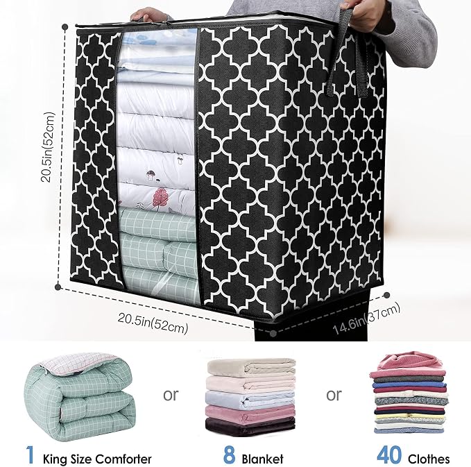 WISELIFE Storage Bags 6 Pack/100L Large Blanket Clothes Organization and Storage Containers for Comforters,Bedding, Foldable Organizer with Reinforced Handle, Clear Window, Sturdy Zippers,Black