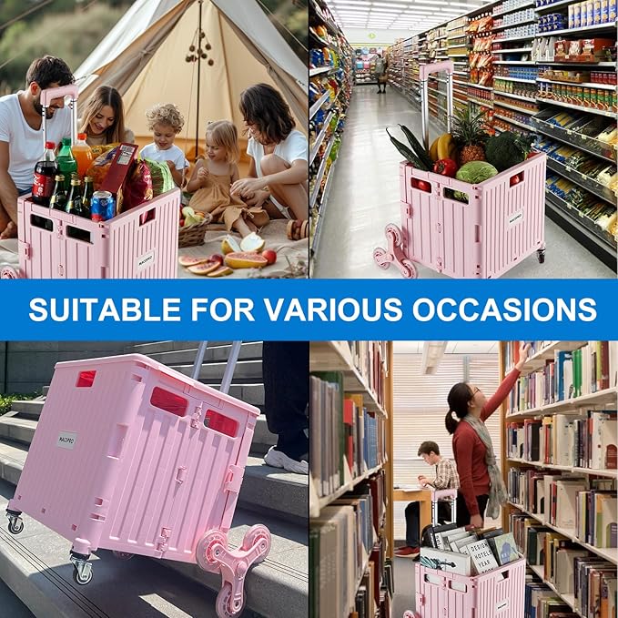 MACOPRO Foldable Utility Cart with Stair Climbing Wheels, Collapsible Rolling Crate with Telescoping Handle, Folding Shopping Trolley Handcart Grocery Book File Tool Teacher Storage Basket (Pink)