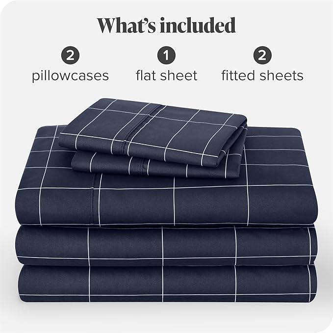 Bare Home Split King Sheet Set - Luxury 1800 Ultra- Soft Double Brushed Microfiber - Deep Pockets - Easy Fit - 5 Piece Bedding Sheet Set (Split King, Grid - Midnight/White)