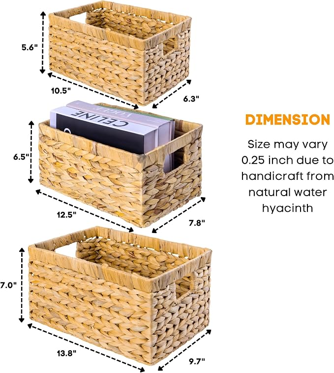 M4DECOR Set of 6 Water Hyacinth Storage Baskets – Wicker Storage Baskets for Shelves, Pantry Baskets for Organizing, Handwoven Wicker Baskets for Storage (Set 3 SML)