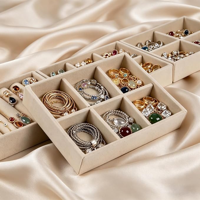 Small 8-Piece Velvet Jewelry Drawer Organizer Inserts Stackable Trays | 4.8in velvet trays with removable dividers, fits jewelry boxes & narrow drawers, stackable for earrings rings makeup storage
