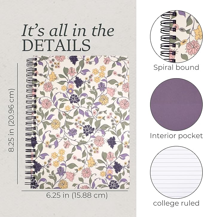Steel Mill & Co Cute Floral Mini Spiral Notebook, 8.25" x 6.25" Journal with Durable Hardcover and 160 Lined Pages, Purple Vine Ditsy