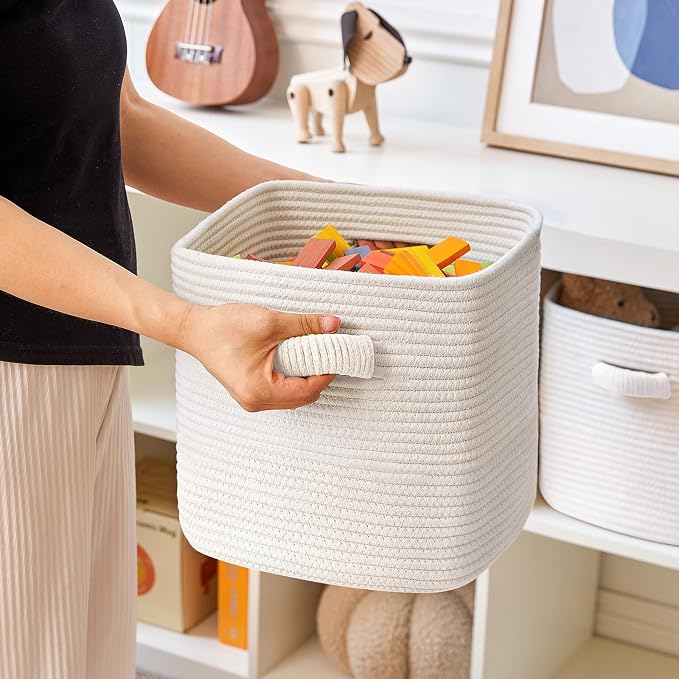 RUNKA Storage Cube Baskets - 3 Pack - 11 inch Square Baskets for Closet, Woven Bins - Ideal for Toy Storage | White