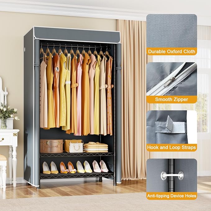ULIFHOME H5C Clothes Rack with Cover, Portable Closet for Hanging Clothes, Covered Clothing Racks Heavy Duty, Garment Racks with Shelves, Max Load 360LBS, Black Closet Rack with Gray Cover