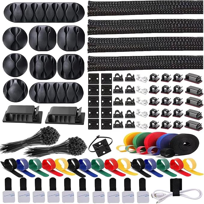 ELII 300PCS Cable Management Kit,4 Cable Sleeve 35 Cable Clips | 11Cord Holders,20 Roll Cable Organizer Straps, 200 Fastening Cable Ties,20 Cable Zip Tie Mounts for Computer TV Under Desk
