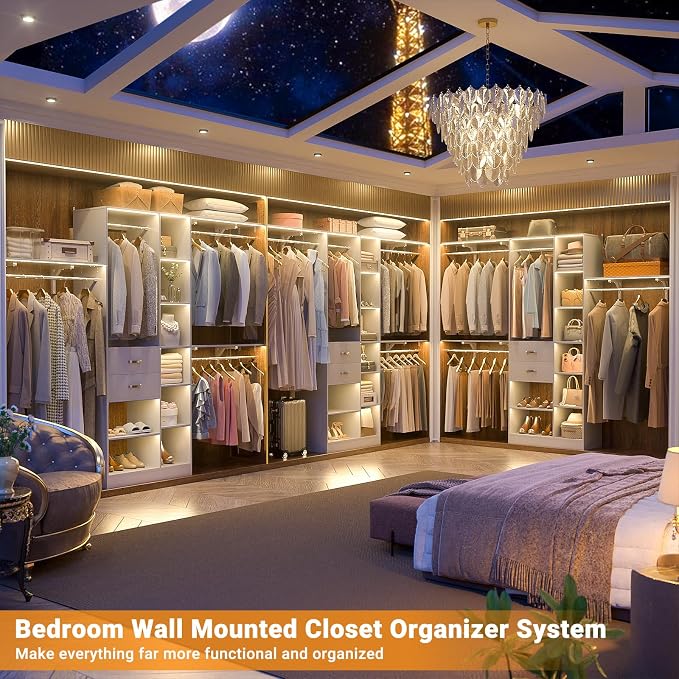Armocity 8FT Heavy Duty Wood Closet System, 1500 LBS+ Capacity Wall Mounted Walk-in Closet Organizer with 2 Drawers & 4 Hanging Rods, 96'' Custom Bedroom Storage Wardrobe, Grey
