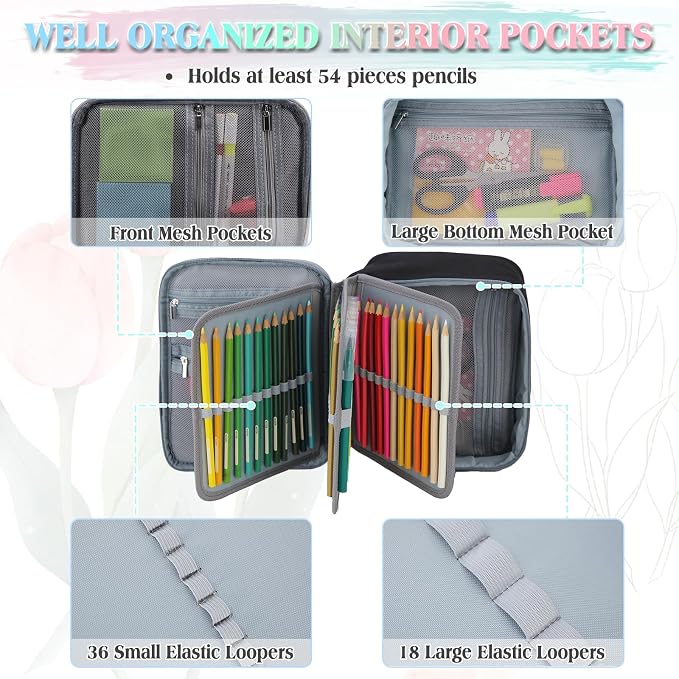 Large Pen Pencil Case,VONXURY High Capacity Art Colored Pencil Pouch Portable Stationery Organizer With 2 Detachable Layers 54 Slots Multiple Zipper Pockets for School Office College