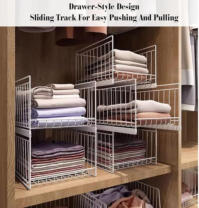 2-4 Tier Expandable Cabinet Pull Out Basket,Carbon Steel Stackable Shelf Baskets Organizer,Stackable Storage Bins,for Office Bathroom Bedroom,White-2 Tier
