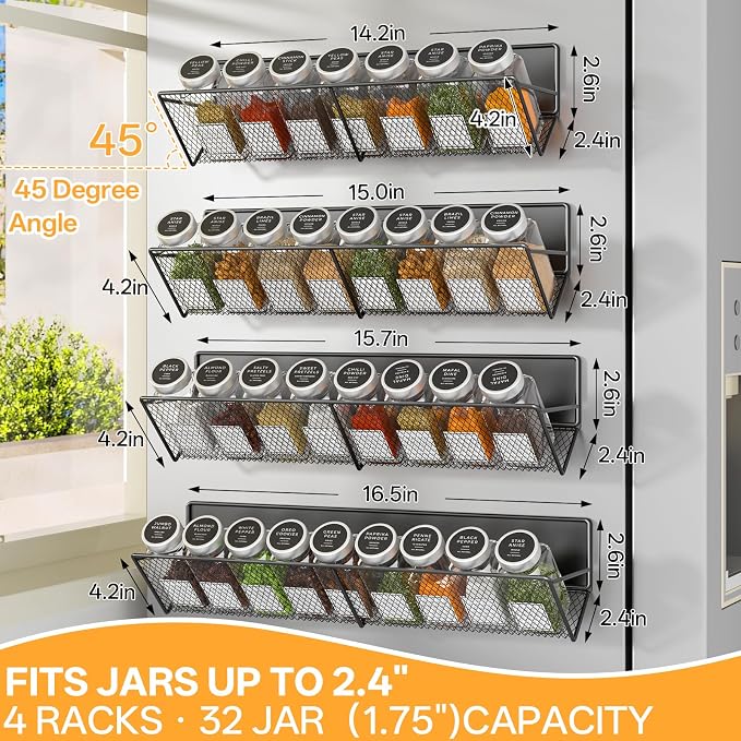 DTUQYX Magnetic Spice Rack 4-Pack for 32 Spices Jars, 14-16.5 inch Long Strong Magnetic Shelves, Space Saving Spice Organizer 45° Tilt for Refrigerator, No Drilling Home Kitchen Storage Shef