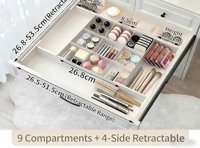 9 Compartments 4-Way Expansion Drawer Storage Box - Removable Divider for Space Saving and Organization for Cosmetics, Kitchen Utensils and Office Desk Essentials