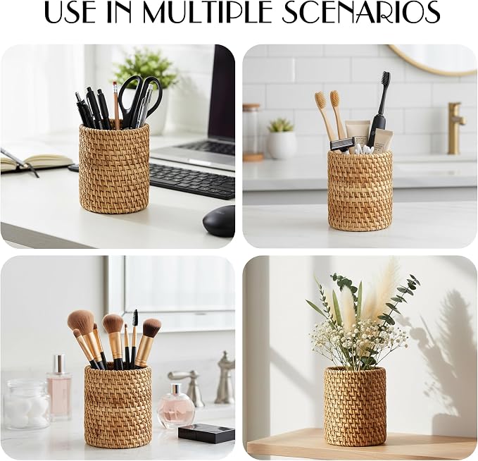 Wicker Rattan Pencil Holder, Cylindrical Desk Organizer Cup, Natural Brown, for Office, Vanity, Kitchen, 1-Pack