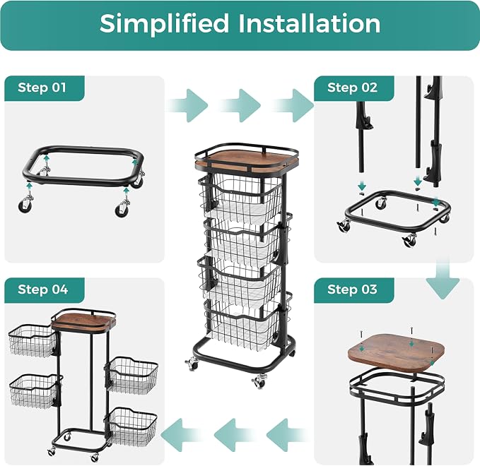 4 Tier Kitchen Fruit Vegetable Storage Cart with One-Piece Rotating Basket, Pantry Organizer Shelf Rack Floor Stand for Veggie Onion Potato Produce Spice, Rolling Snack Cart on Wheels, Black