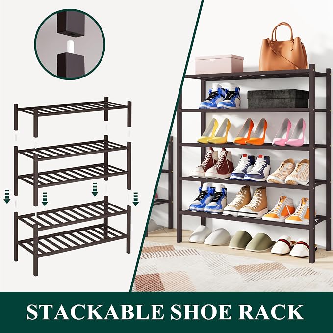 Smiry Bamboo Shoe Rack, 6 Tier Free Standing Wooden Shoe Organizer, Stackable Wood Shoe Storage Shelf for Closet, Entryway, 12 Vertical Slats, 2+2+2 Stack Standard Legs, 26.8"x11"x39", Brown