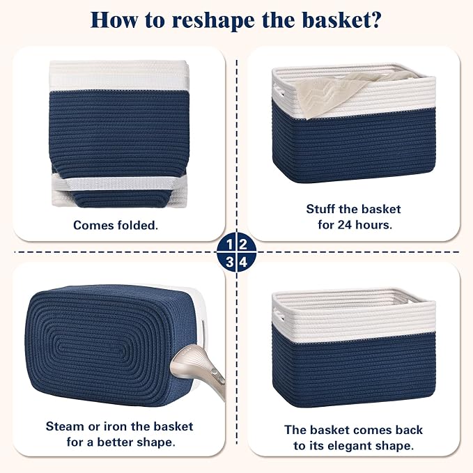 Storage Baskets for Organizing, 4 Pack Baskets for Shelves, Decorative Storage Bins for Shelves, Cotton Rope Storage Basket with Handles, Woven Basket for Storage, 13''Lx8.7''Wx7.9''H, White & Blue