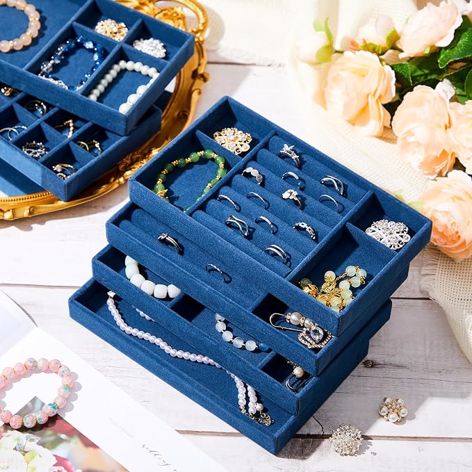 Junkin 18 Pcs Jewelry Drawer Organizer Inserts, Stackable Jewelries Inserts for Dresser Drawers, Drawer Insert Organizers Velvet Jewelry Trays for Rings Earring Bangle Necklace(Peacock Blue)