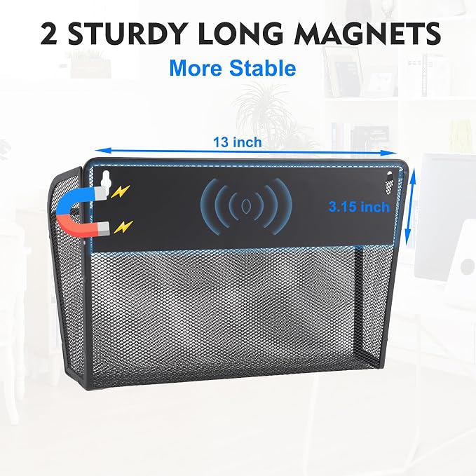 EASEPRES Magnetic 3 Single Pocket Mesh Hanging File Organizer, Vertical Wall Mounted Magazine File Holder, Mount Basket Mail Paper Document Folder Organizing for Office, Home and School, Black