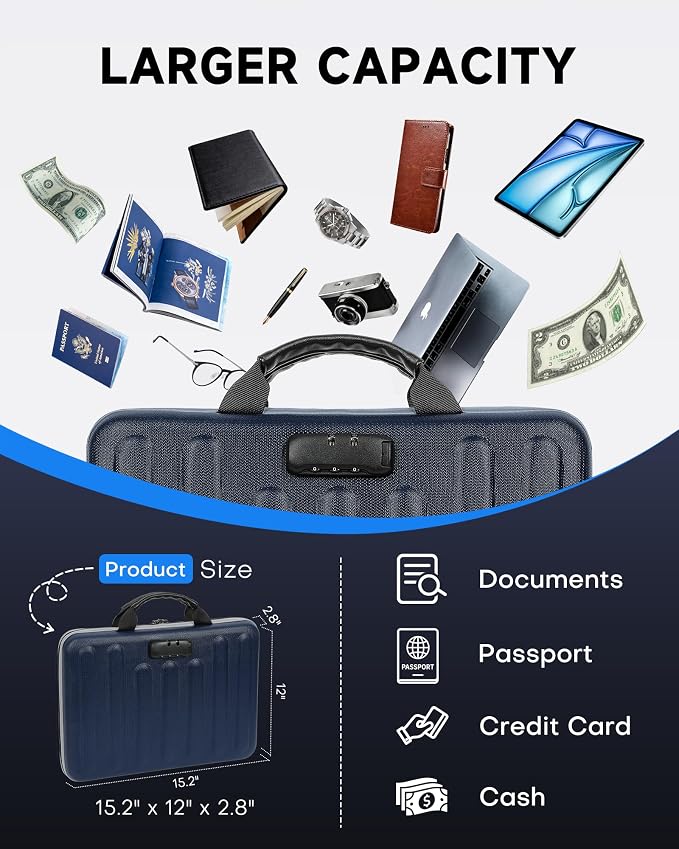 DOZAWA Fireproof Document Box, Waterproof Hard File Organizer with Lock | UL-94 VTM-0 certified 8-layer document box withstands up to 5200°F, featuring waterproof zippers, DeepBlue