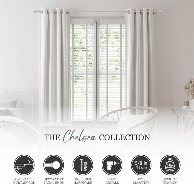 Kenney Chelsea Ball End Window Curtain Rod, Adjustable 28-48 Inch, Brushed Nickel Silver, 4 Pack