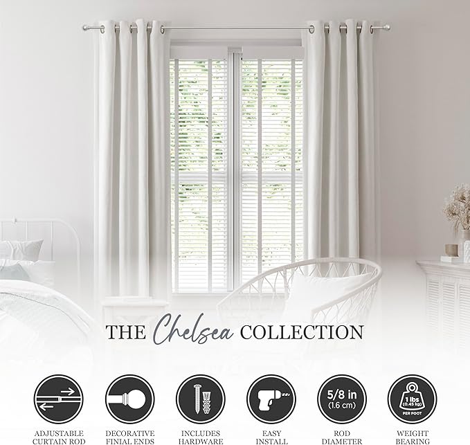 Kenney Chelsea Ball End Window Curtain Rod, Adjustable Curtain Rod for Windows 48 to 86 Inches, Extendable Curtain Rod Set, Brushed Nickel Silver Curtain Rod, Curtain Rods 4 Pack