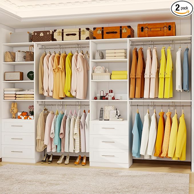 Closet System with 6 Wood Drawers, 5.3FT-8FT-12.3FT Closet Organizer System Storage Storage Adjustable with 6 Cuttable Shelves & 6 Expandable Hanging Rods, Walk in Closet, 2 Sets , White