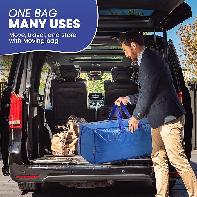 AXIESO Extra Large Moving Bags - 8-Pack Heavy Duty Storage Duffel - Sturdy Backpack Straps Handles, Zippers - Reusable Moving Storage Bags for Clothes - Folding Collapsible Storage Tote Bag Set – Blue