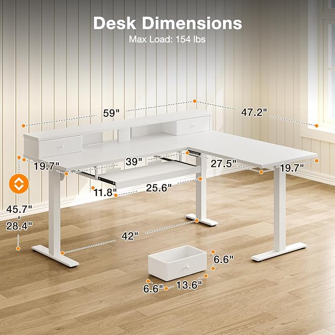 Casaottima 59" L Shaped Electric Standing Desk with Drawers, White | Monitor Stand, Keyboard Tray, Fabric Drawer, Power Outlets, Height Adjustable Corner Stand Up Desk for Organized Home Office