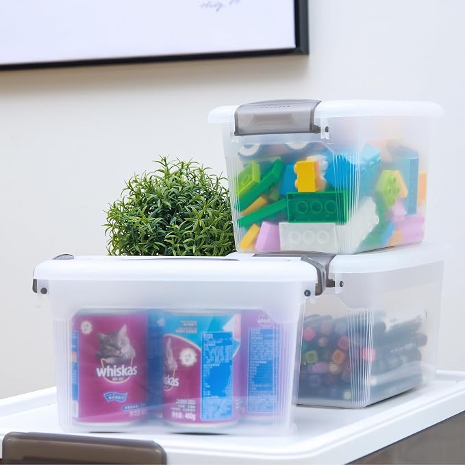 Citylife 6 Packs 6 QT Storage Bins with Lids Clear Plastic Bins with Grey Handle Stackable Storage Containers for Organizing