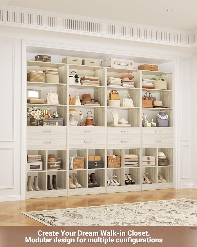 88" Storage Unit with Drawers and Shelves, Greige Oak