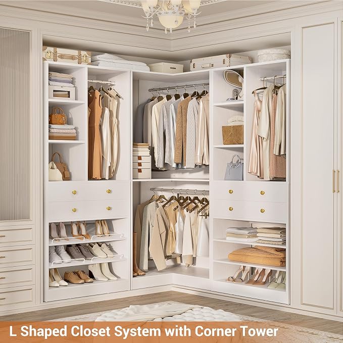 Besiost Closet System with 4 Drawers and Hanging Rods, 59.5"L / 87"L Closet Organizer System with Corner Tower, L Shaped Walk-in Closet System, Corner Closet System with Shelves, Set of 3, White